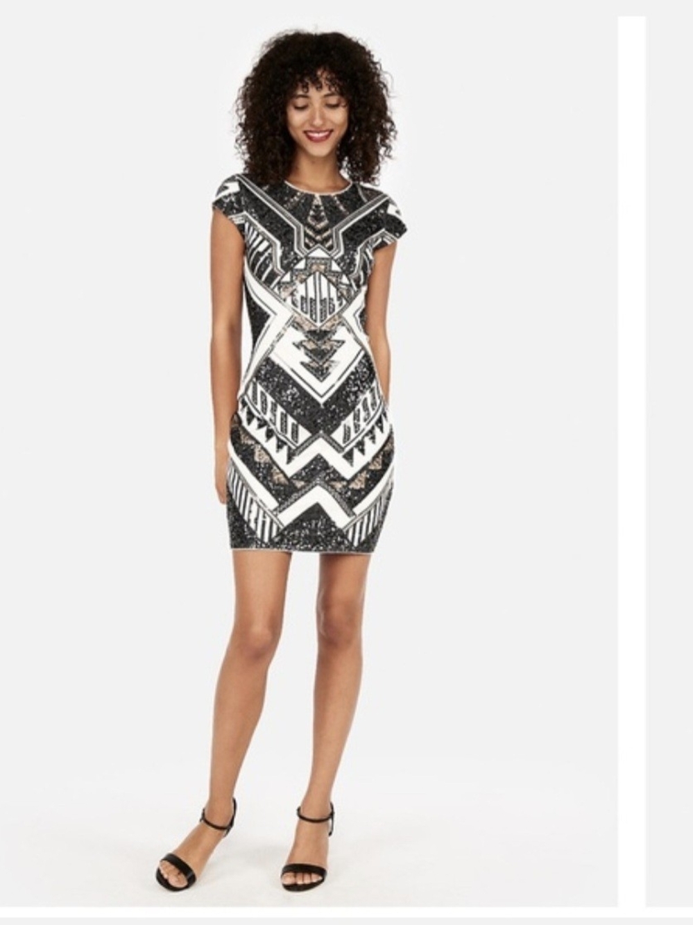 Express Black and White Geometric Sequin Cap Sleeve Dress xs